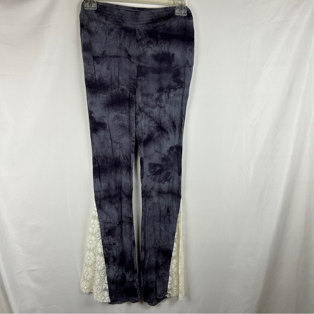 Umgee Black and Gray Tie-Dye Flare Pants with Lace size Small